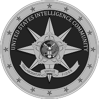 A circular emblem with a star, eagle, and shield, featuring the text "United States Intelligence Community" and "Virtus